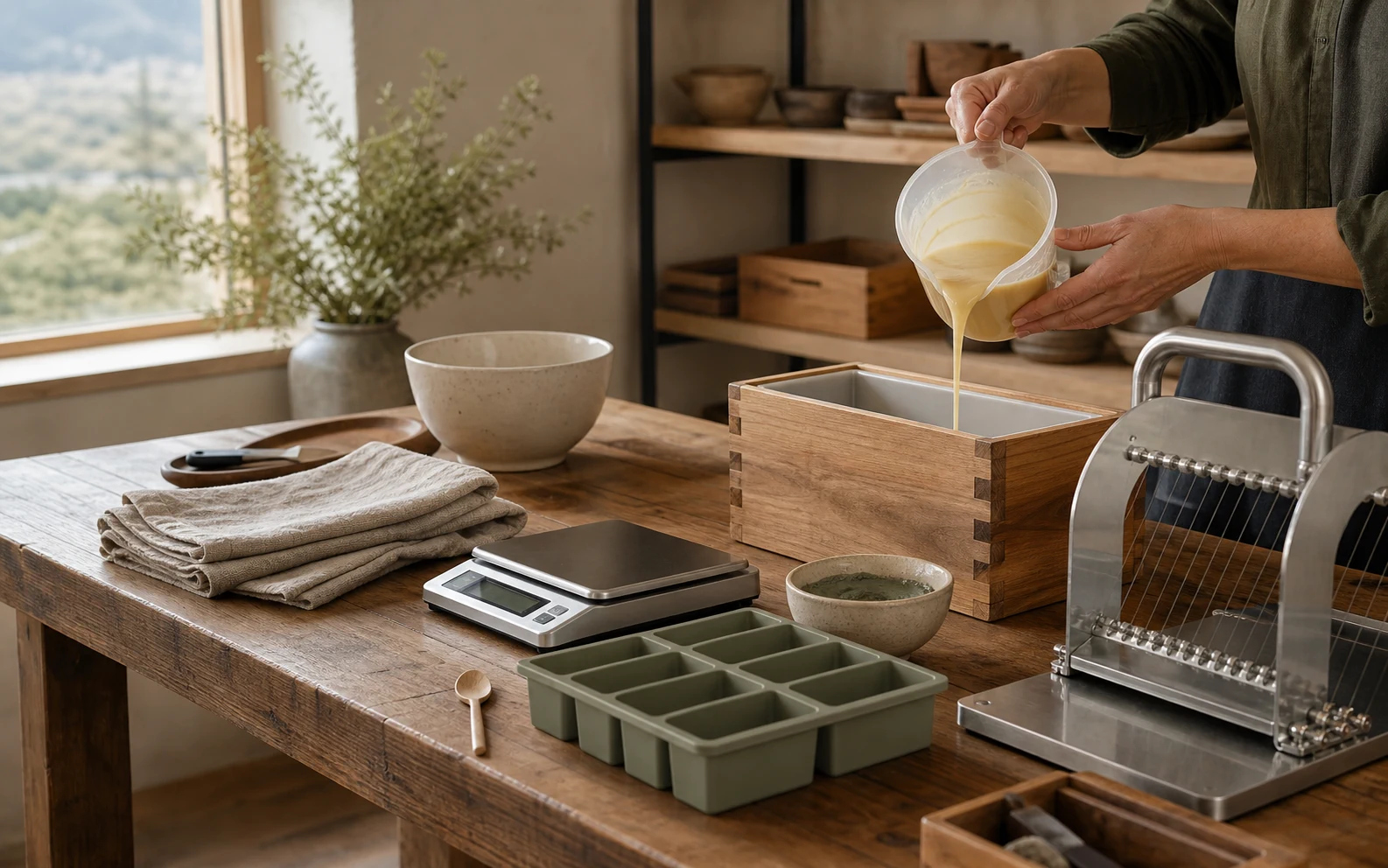 Soap maker pouring a fresh batch at a professional workshop bench